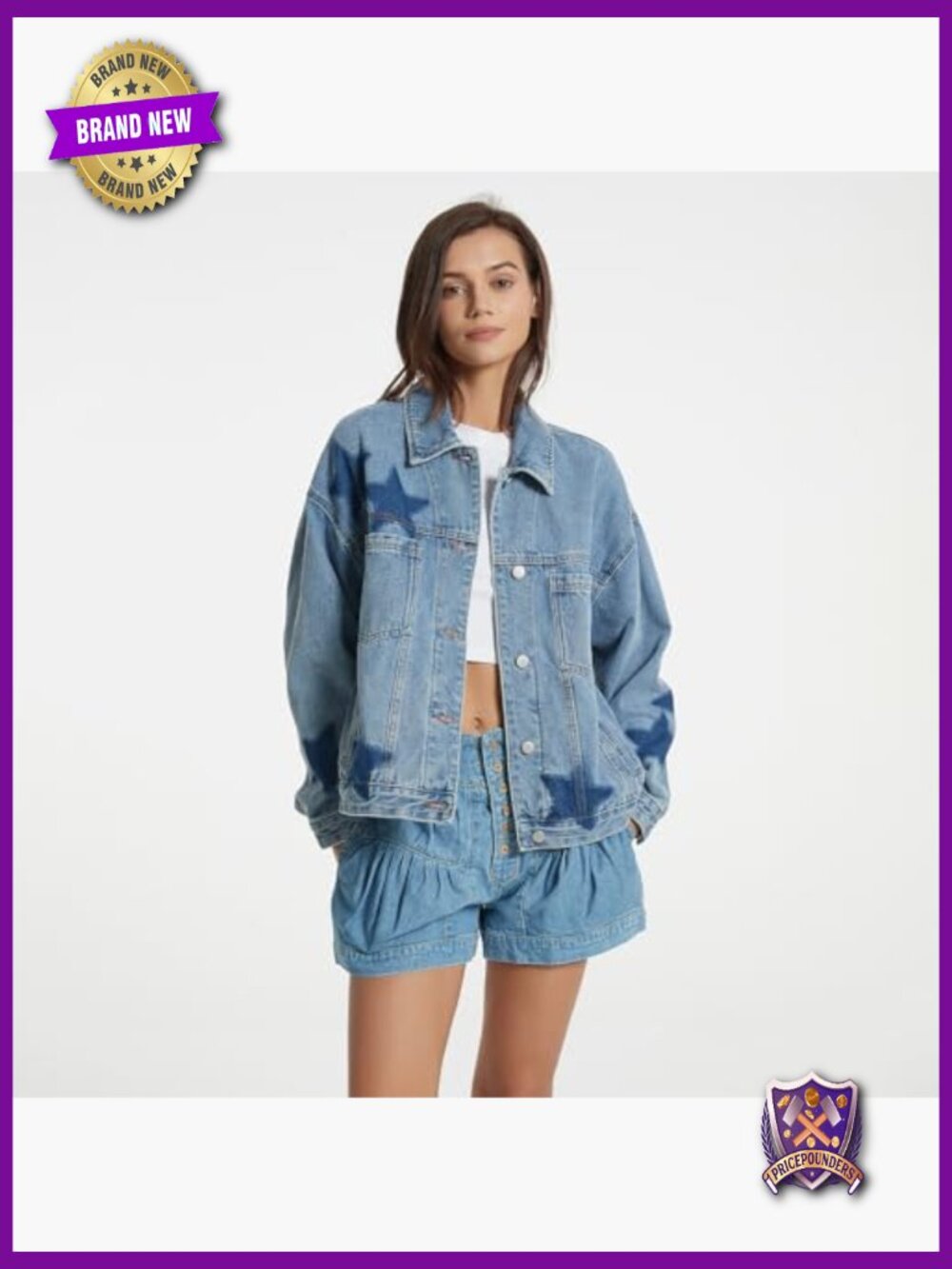 Oversized Boyfriend Denim Jacket with Leopard Stars Print - Picture 3 of 7